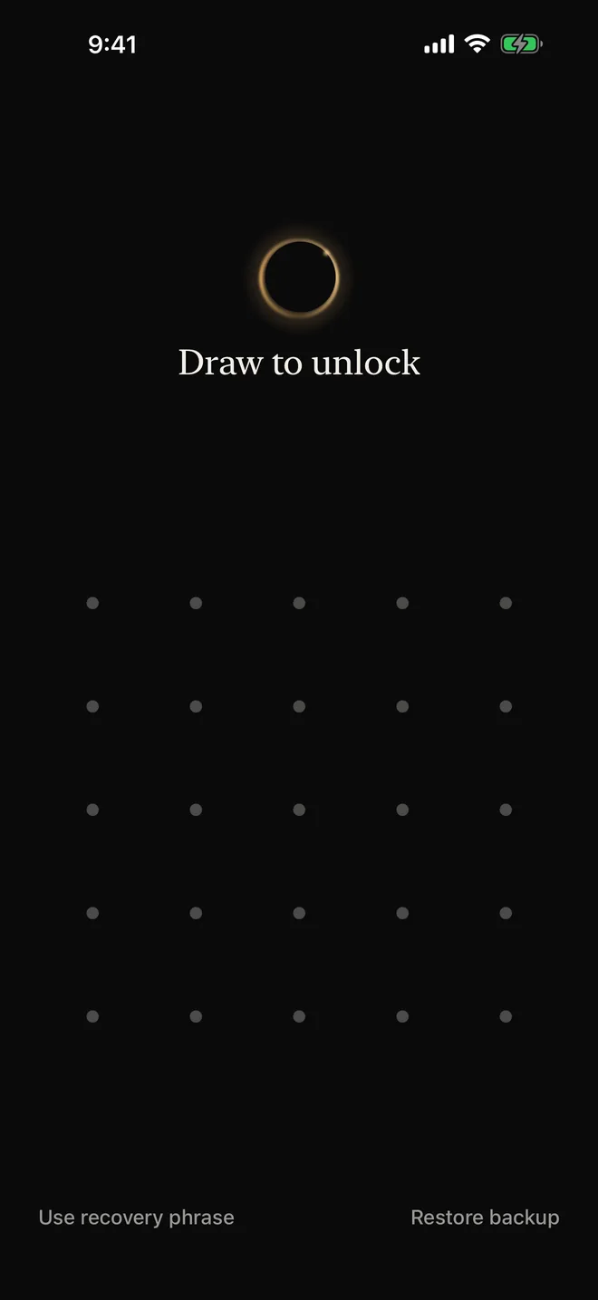 Umbra's unlock screen: an empty grid of dots